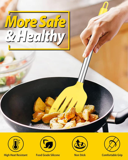 Pack of 2 Silicone Solid Turner, Non Stick Slotted Kitchen Spatulas, High Heat Resistant BPA Free Cooking Utensils, Ideal Cookware for Fish, Eggs, Pancakes(Stainless Steel Khaki)