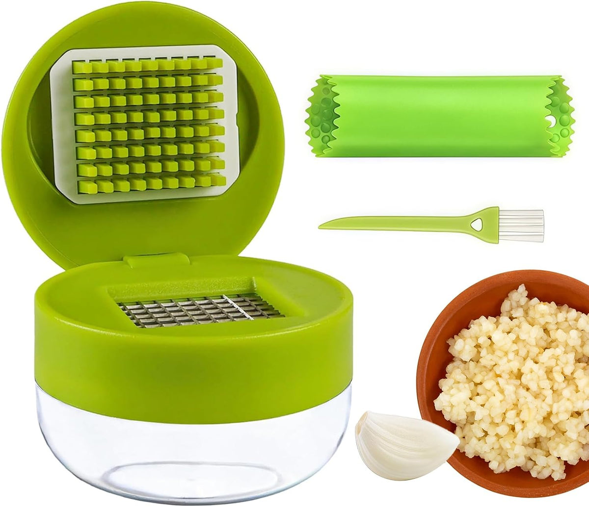 Garlic Press 3-in-1 Set, Stainless Steel Chopper with Peeler & Brush