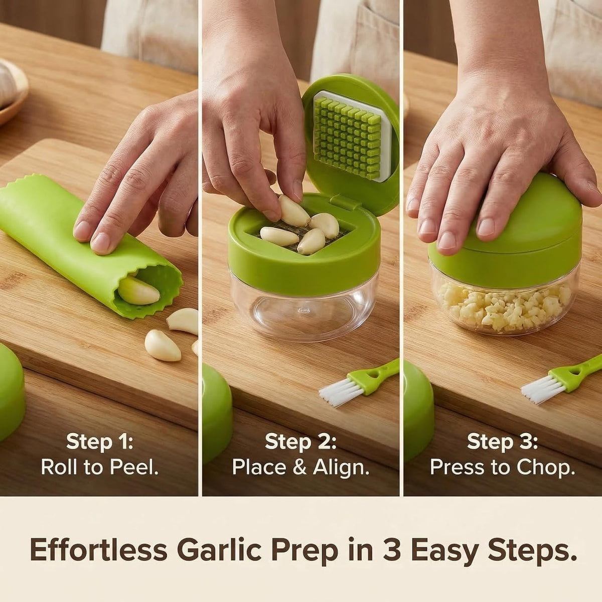 Garlic Press 3-in-1 Set, Stainless Steel Chopper with Peeler & Brush