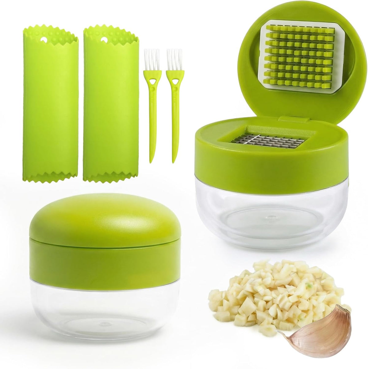 Garlic Press 3-in-1 Set, Stainless Steel Chopper with Peeler & Brush