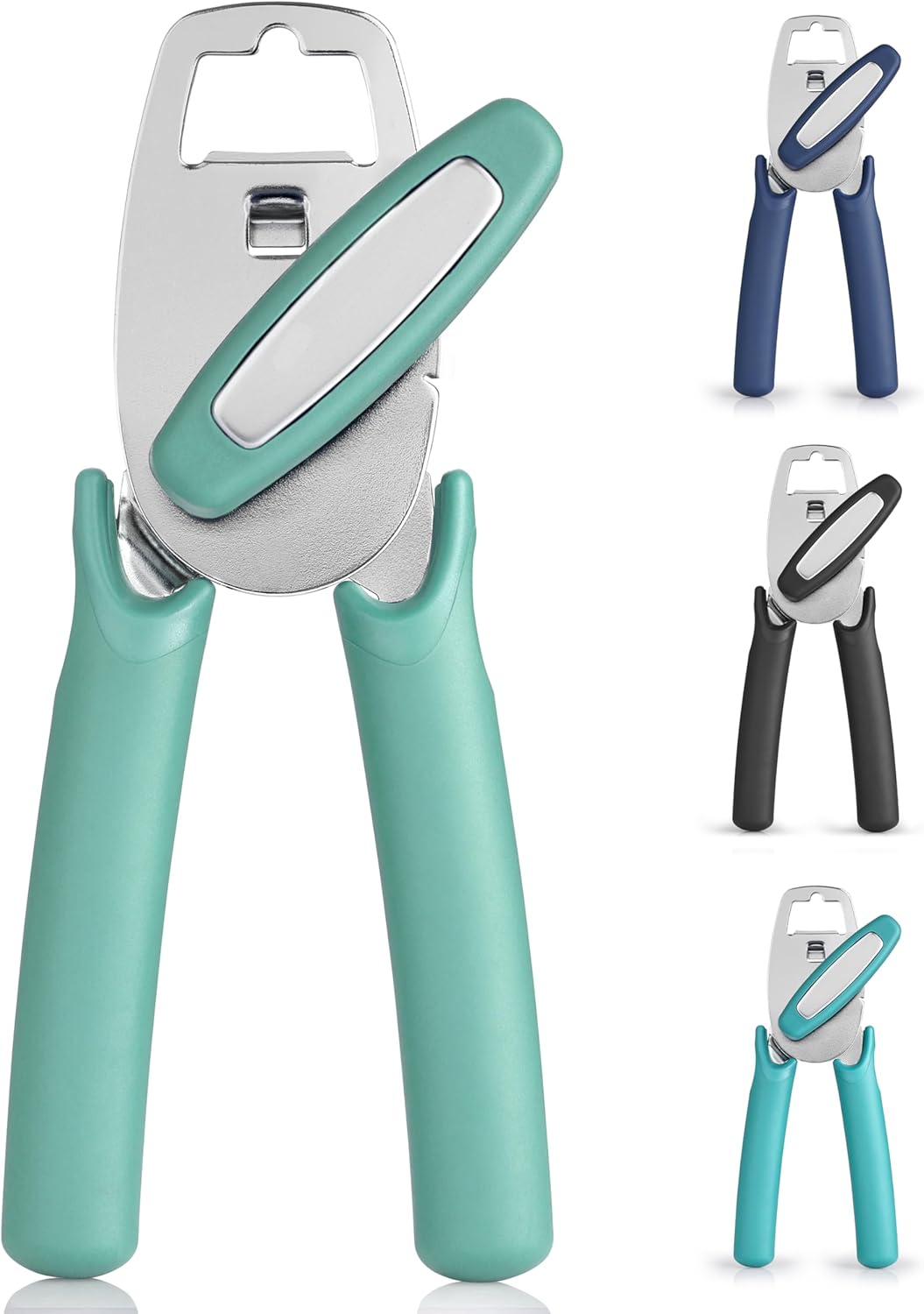 Heavy Duty Stainless Steel Can Opener Manual with Large Bottle Opener - Manual Can Opener with Turn Knob with Soft Grip Handles - White