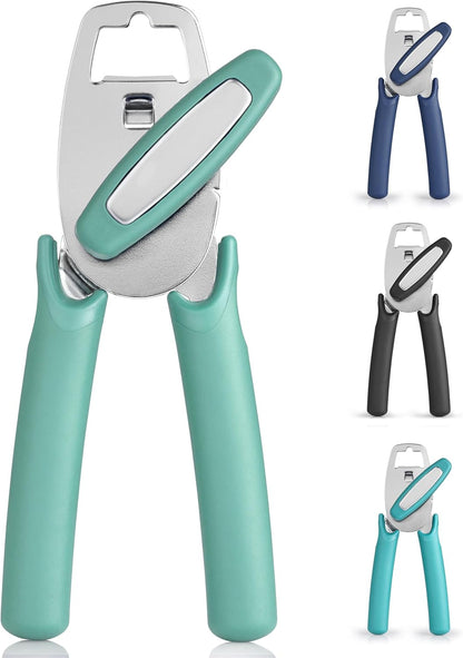 Heavy Duty Stainless Steel Can Opener Manual with Large Bottle Opener - Manual Can Opener with Turn Knob with Soft Grip Handles - White
