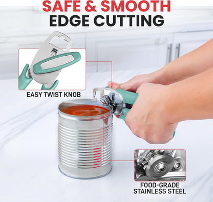Heavy Duty Stainless Steel Can Opener Manual with Large Bottle Opener - Manual Can Opener with Turn Knob with Soft Grip Handles - White