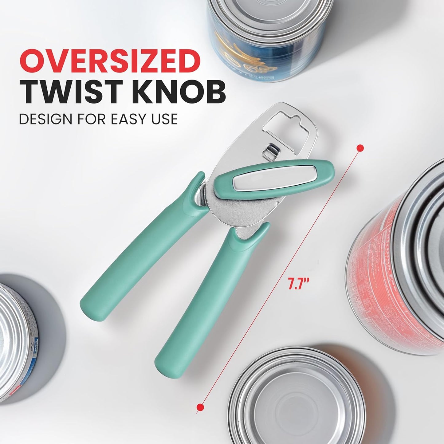 Heavy Duty Stainless Steel Can Opener Manual with Large Bottle Opener - Manual Can Opener with Turn Knob with Soft Grip Handles - White