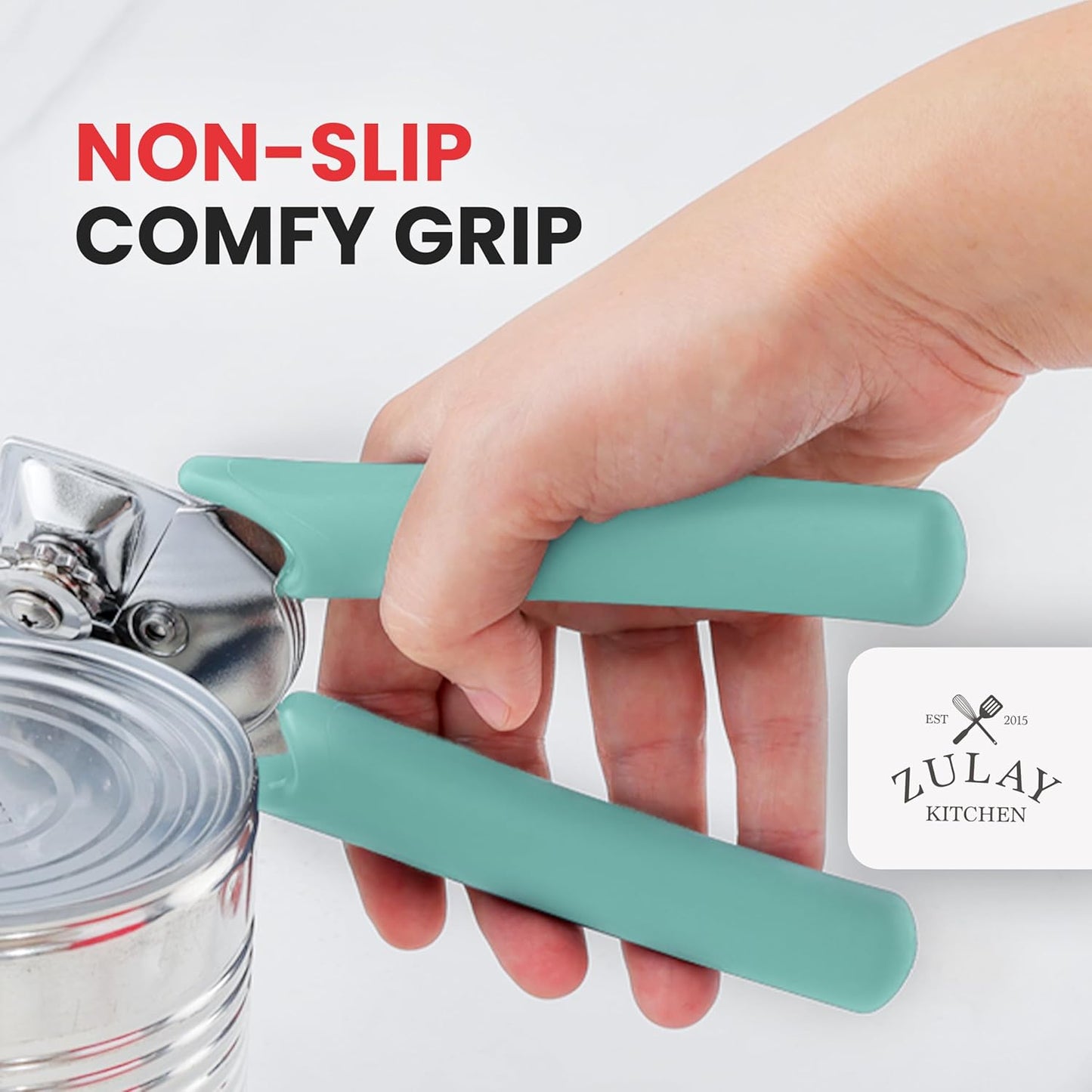 Heavy Duty Stainless Steel Can Opener Manual with Large Bottle Opener - Manual Can Opener with Turn Knob with Soft Grip Handles - White