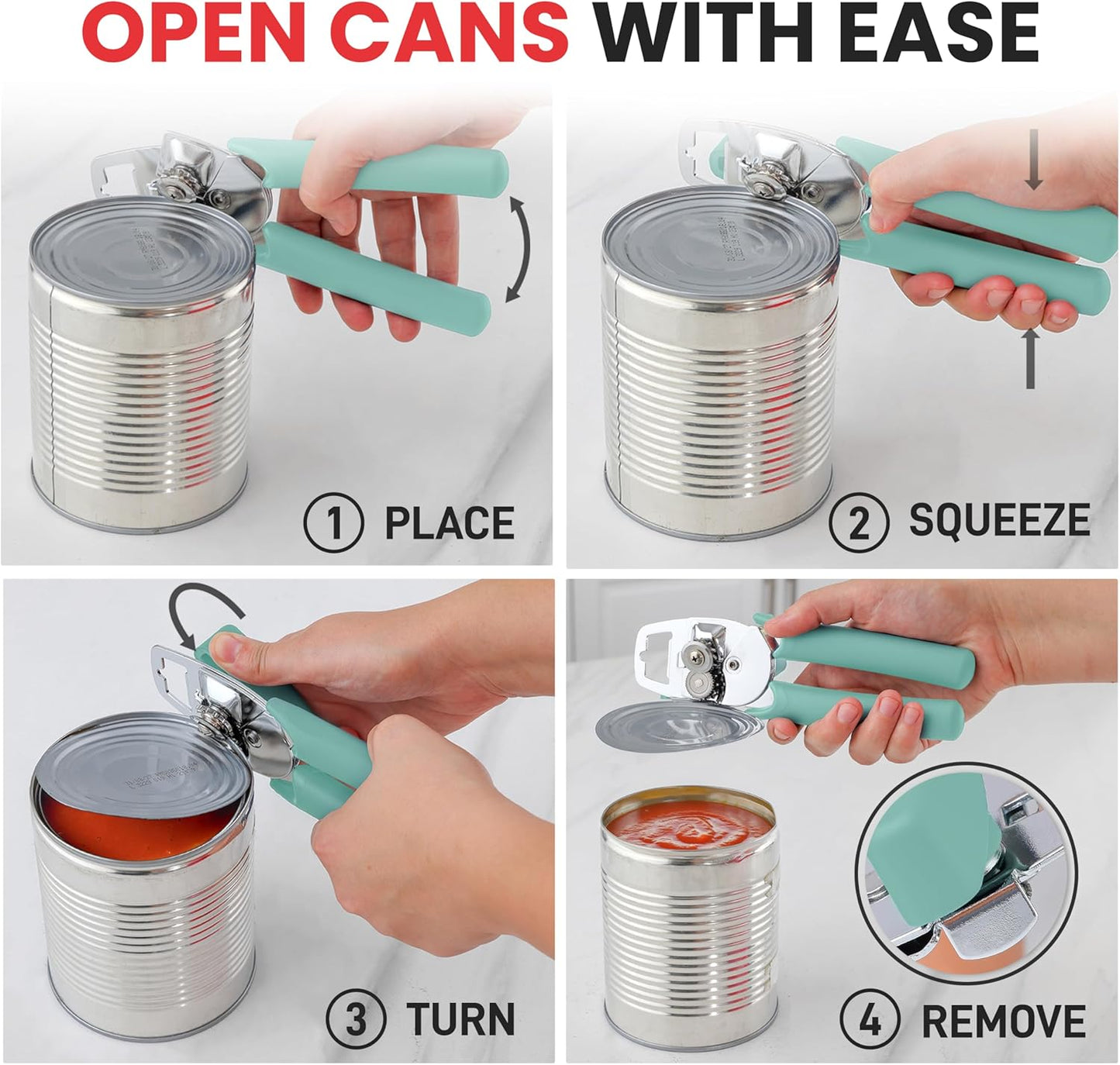 Heavy Duty Stainless Steel Can Opener Manual with Large Bottle Opener - Manual Can Opener with Turn Knob with Soft Grip Handles - White