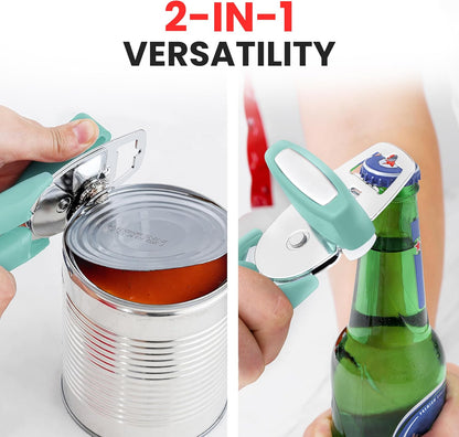 Heavy Duty Stainless Steel Can Opener Manual with Large Bottle Opener - Manual Can Opener with Turn Knob with Soft Grip Handles - White