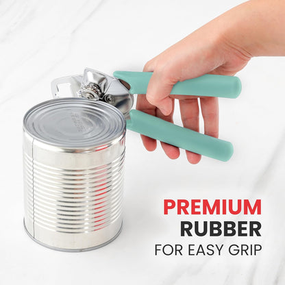 Heavy Duty Stainless Steel Can Opener Manual with Large Bottle Opener - Manual Can Opener with Turn Knob with Soft Grip Handles - White
