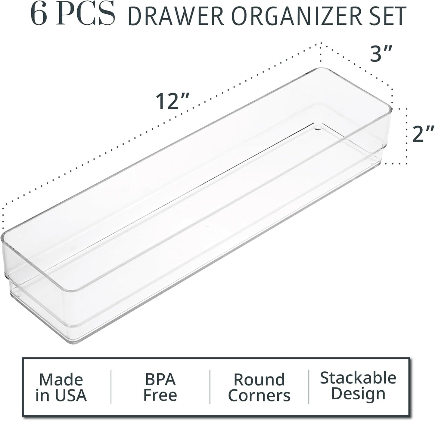 SimpleSort 6-Piece Stackable Clear Drawer Organizer Set | 12" x 3" x 2" Rectangle Trays | Narrow Makeup Vanity Storage Bins and Office Desk Drawer Dividers | Made in USA