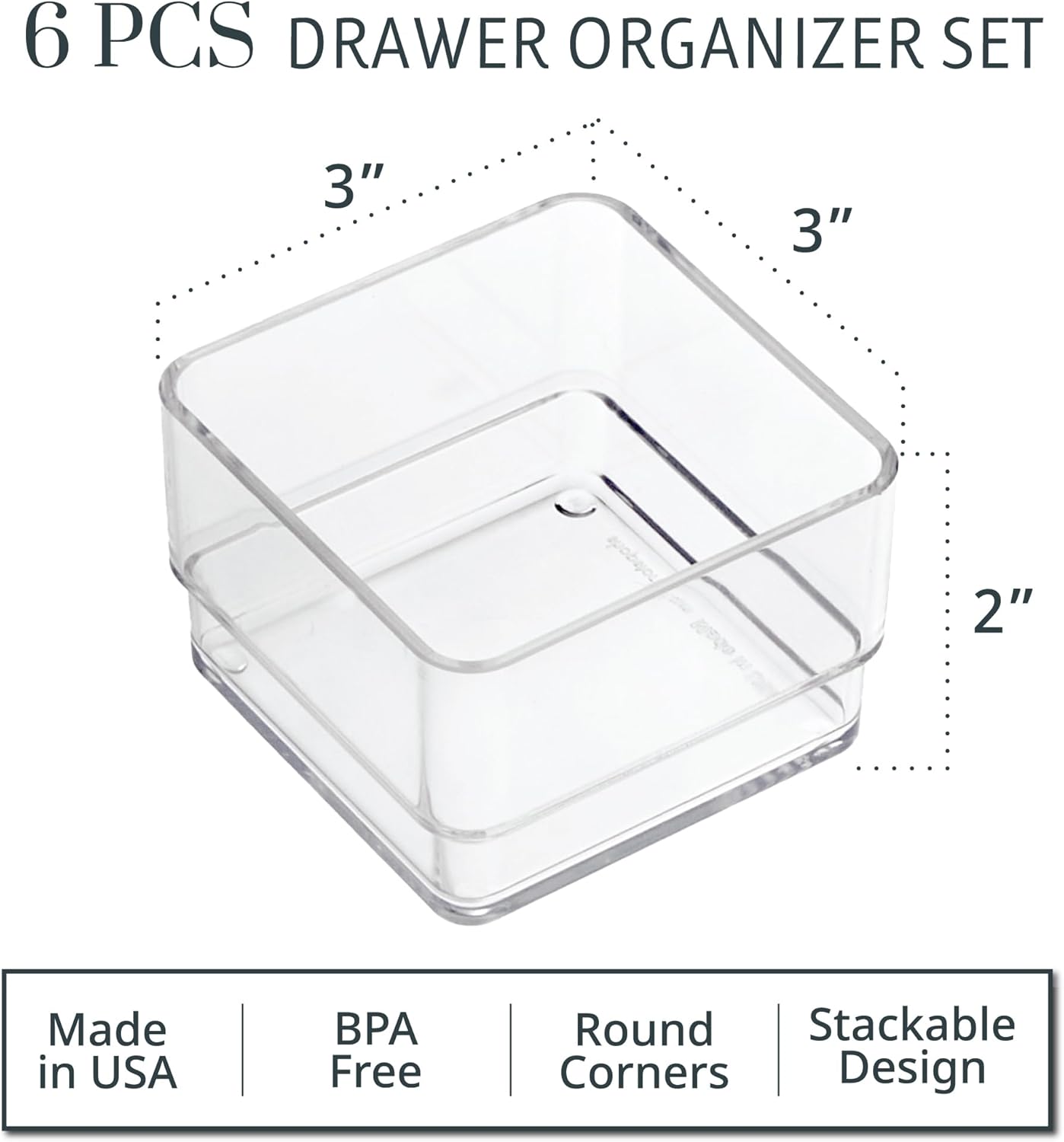 SimpleSort 6-Piece Stackable Clear Drawer Organizer Set | 12" x 3" x 2" Rectangle Trays | Narrow Makeup Vanity Storage Bins and Office Desk Drawer Dividers | Made in USA