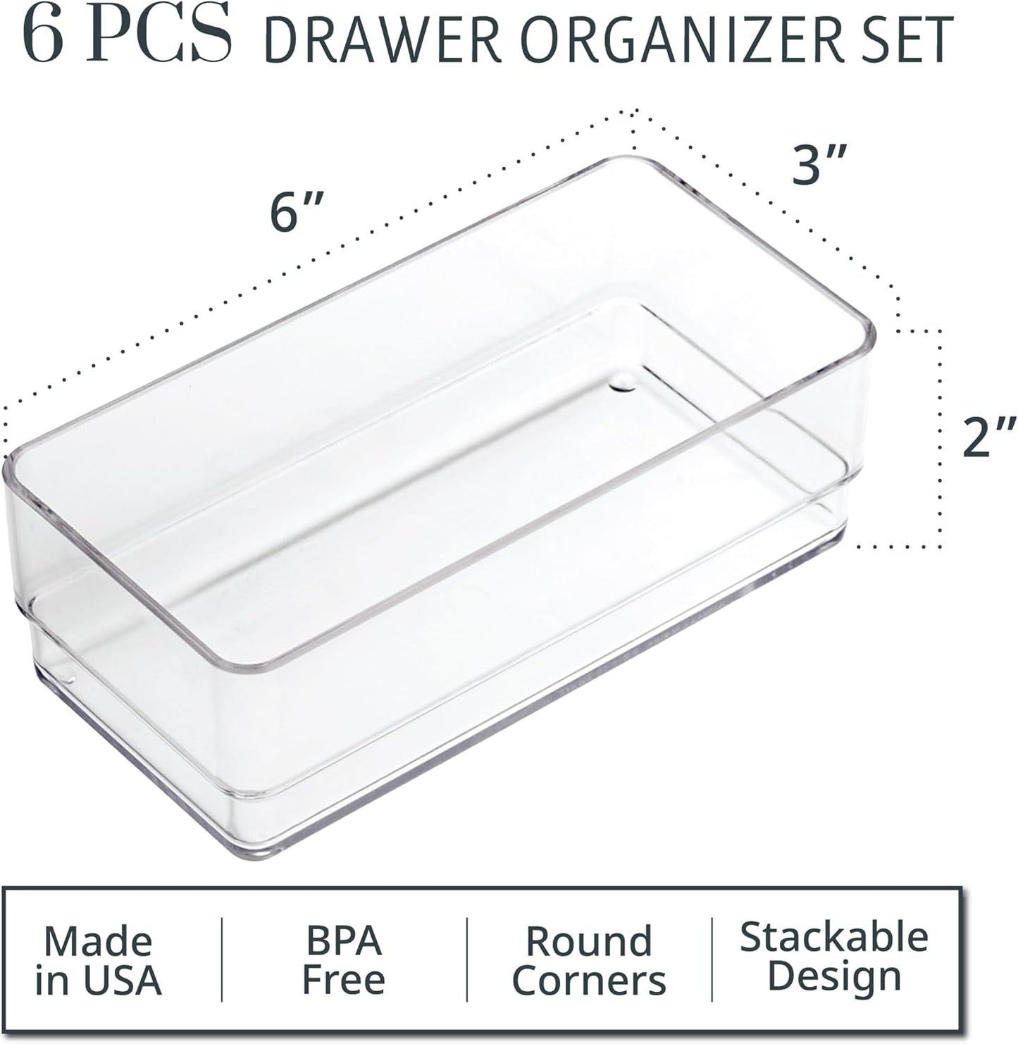 SimpleSort 6-Piece Stackable Clear Drawer Organizer Set | 12" x 3" x 2" Rectangle Trays | Narrow Makeup Vanity Storage Bins and Office Desk Drawer Dividers | Made in USA