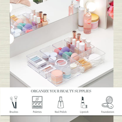 SimpleSort 6-Piece Stackable Clear Drawer Organizer Set | 12" x 3" x 2" Rectangle Trays | Narrow Makeup Vanity Storage Bins and Office Desk Drawer Dividers | Made in USA