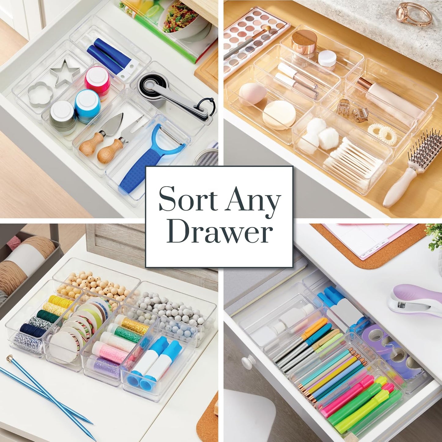 SimpleSort 6-Piece Stackable Clear Drawer Organizer Set | 12" x 3" x 2" Rectangle Trays | Narrow Makeup Vanity Storage Bins and Office Desk Drawer Dividers | Made in USA