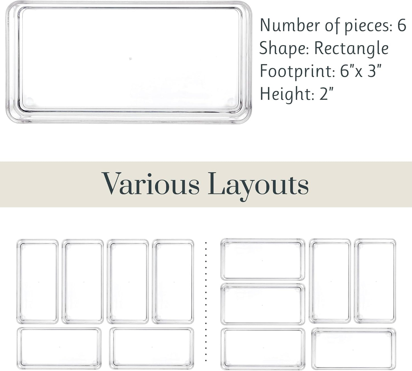 SimpleSort 6-Piece Stackable Clear Drawer Organizer Set | 12" x 3" x 2" Rectangle Trays | Narrow Makeup Vanity Storage Bins and Office Desk Drawer Dividers | Made in USA