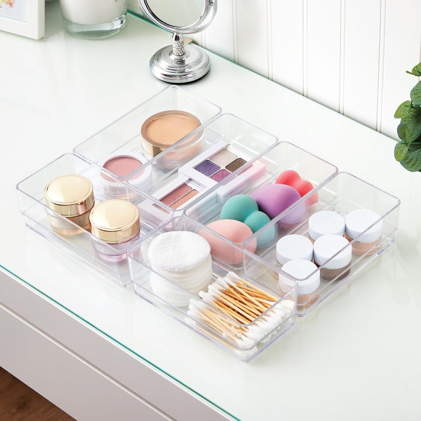 SimpleSort 6-Piece Stackable Clear Drawer Organizer Set | 12" x 3" x 2" Rectangle Trays | Narrow Makeup Vanity Storage Bins and Office Desk Drawer Dividers | Made in USA