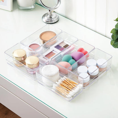 SimpleSort 6-Piece Stackable Clear Drawer Organizer Set | 12" x 3" x 2" Rectangle Trays | Narrow Makeup Vanity Storage Bins and Office Desk Drawer Dividers | Made in USA