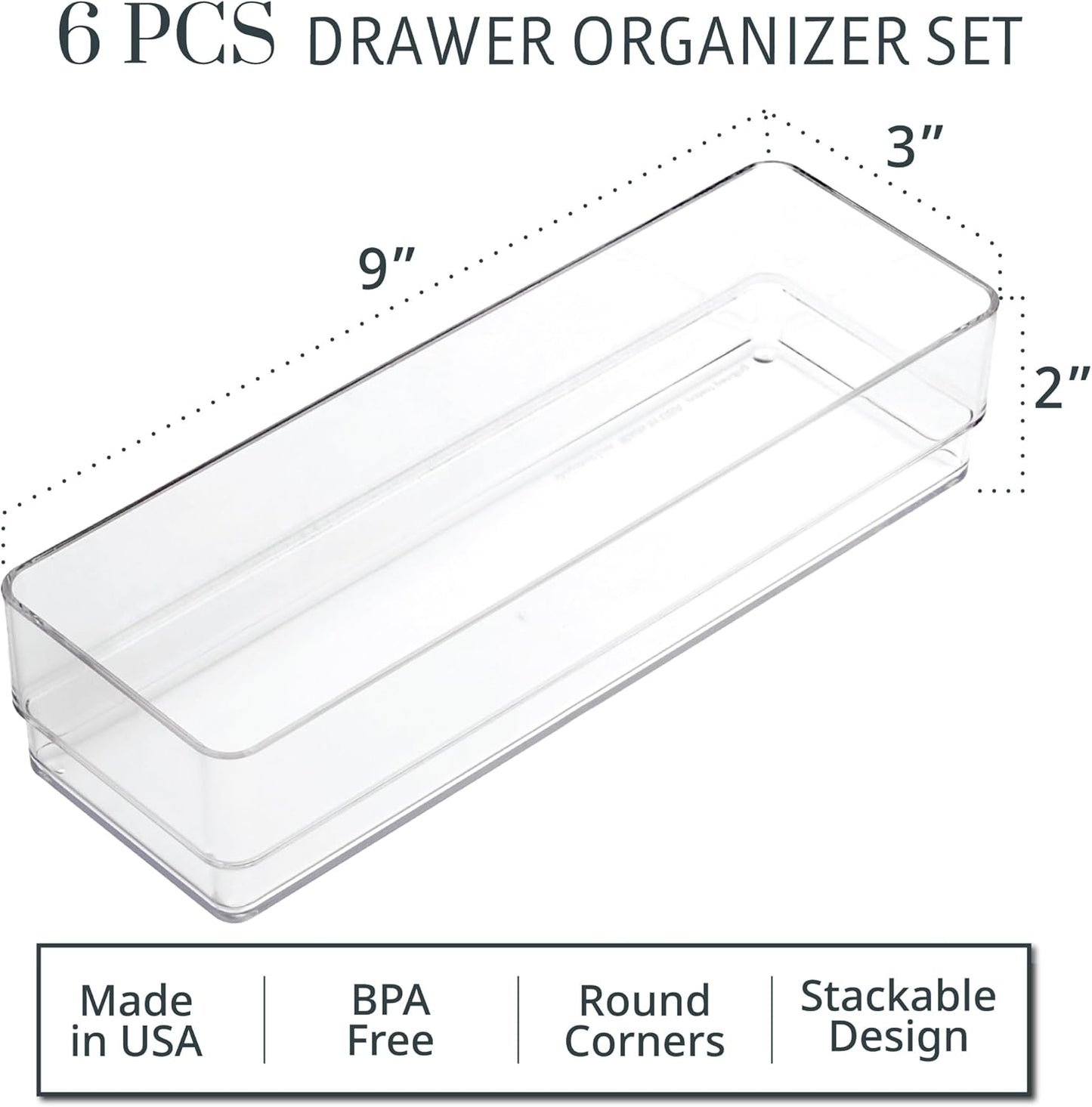 SimpleSort 6-Piece Stackable Clear Drawer Organizer Set | 12" x 3" x 2" Rectangle Trays | Narrow Makeup Vanity Storage Bins and Office Desk Drawer Dividers | Made in USA
