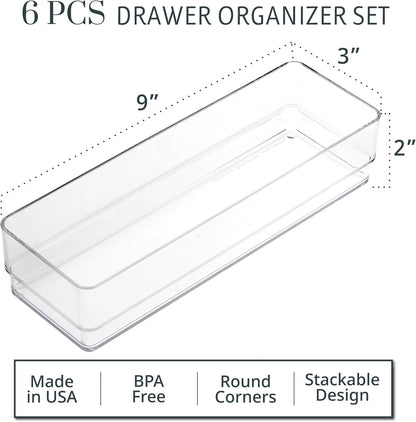 SimpleSort 6-Piece Stackable Clear Drawer Organizer Set | 12" x 3" x 2" Rectangle Trays | Narrow Makeup Vanity Storage Bins and Office Desk Drawer Dividers | Made in USA