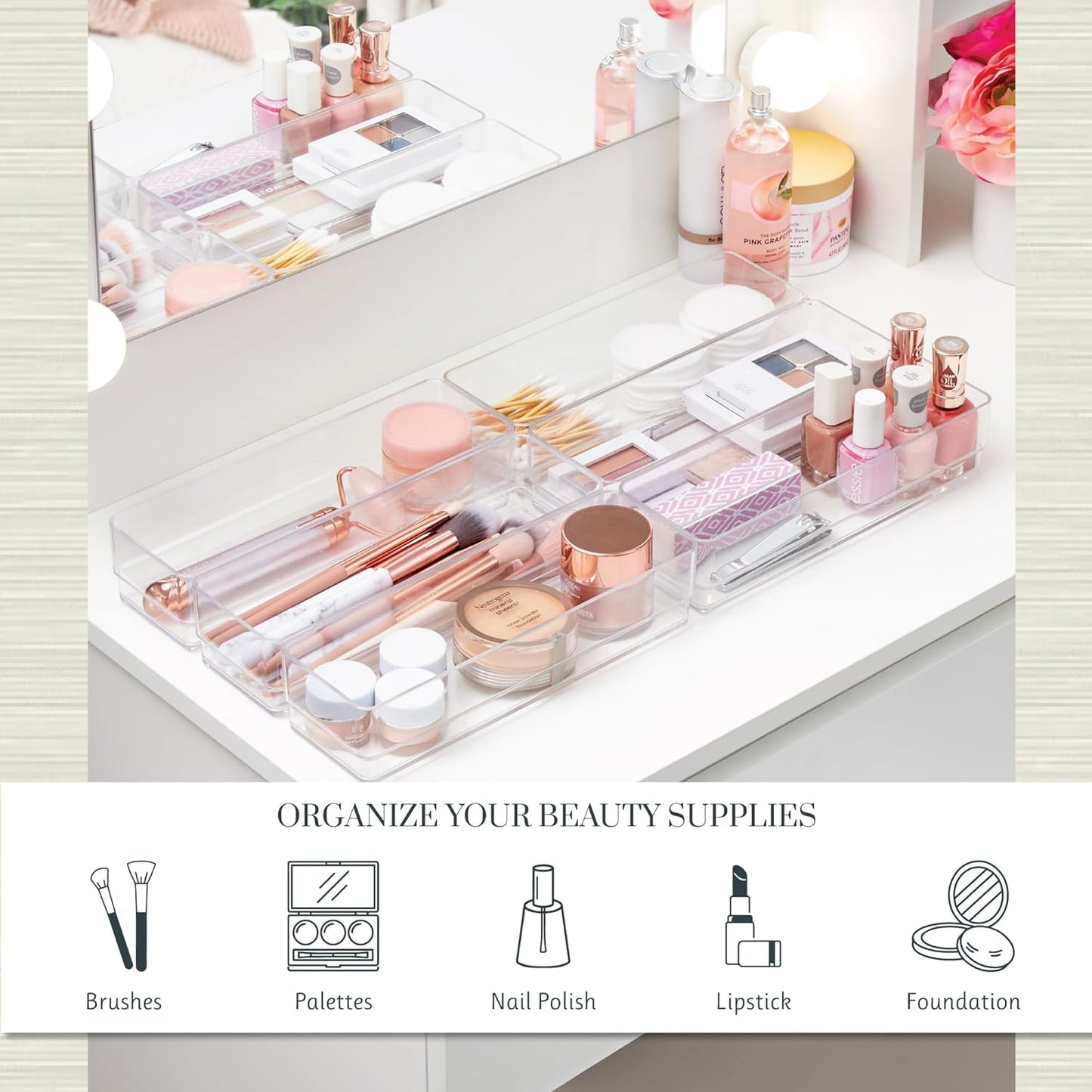 SimpleSort 6-Piece Stackable Clear Drawer Organizer Set | 12" x 3" x 2" Rectangle Trays | Narrow Makeup Vanity Storage Bins and Office Desk Drawer Dividers | Made in USA
