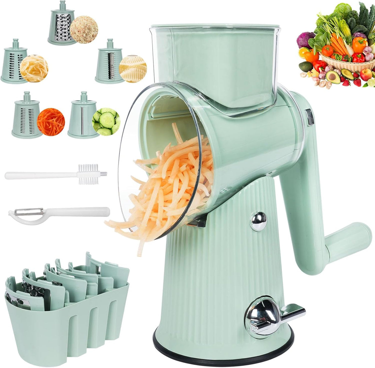 Rotary Cheese Grater | 5 Different Blades, Suction Cup Base, Vegetable Cutter Slicer Chopper, Food Grade Material