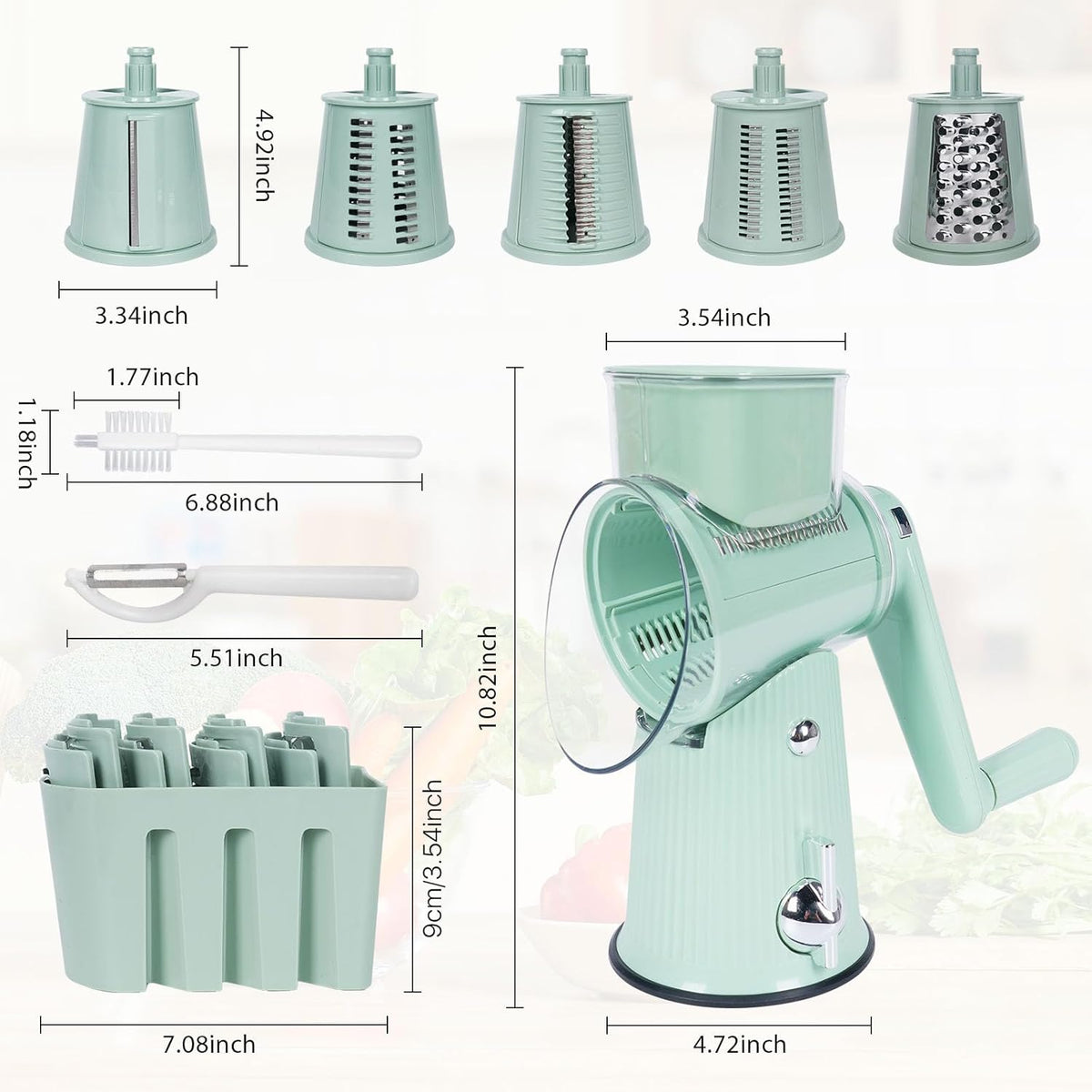 Rotary Cheese Grater | 5 Different Blades, Suction Cup Base, Vegetable Cutter Slicer Chopper, Food Grade Material