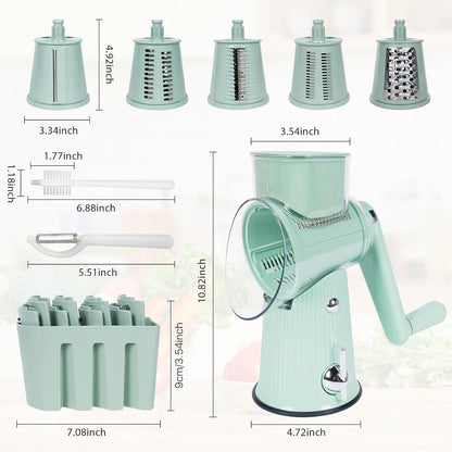 Rotary Cheese Grater | 5 Different Blades, Suction Cup Base, Vegetable Cutter Slicer Chopper, Food Grade Material