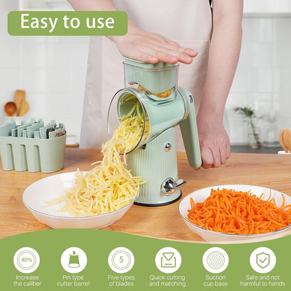 Rotary Cheese Grater | 5 Different Blades, Suction Cup Base, Vegetable Cutter Slicer Chopper, Food Grade Material
