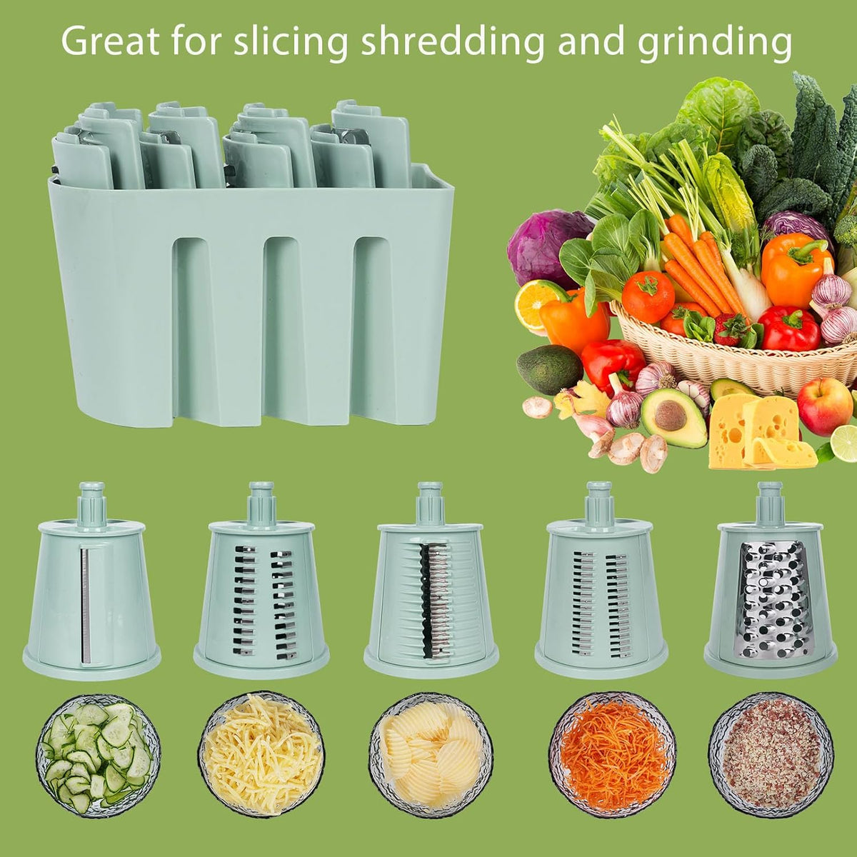 Rotary Cheese Grater | 5 Different Blades, Suction Cup Base, Vegetable Cutter Slicer Chopper, Food Grade Material