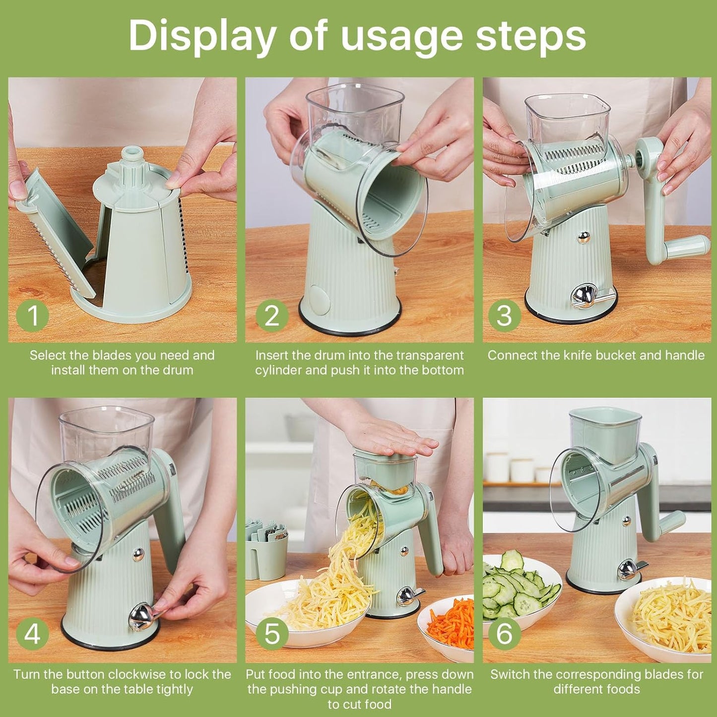 Rotary Cheese Grater | 5 Different Blades, Suction Cup Base, Vegetable Cutter Slicer Chopper, Food Grade Material