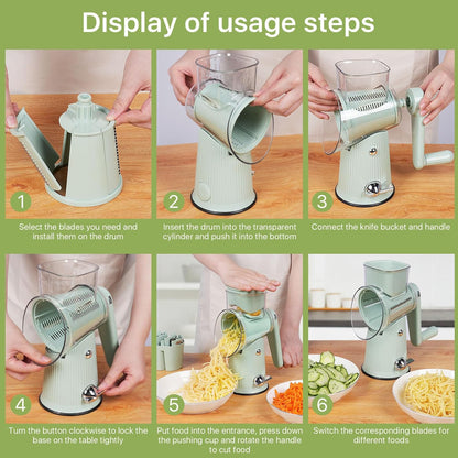 Rotary Cheese Grater | 5 Different Blades, Suction Cup Base, Vegetable Cutter Slicer Chopper, Food Grade Material