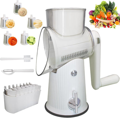 Rotary Cheese Grater | 5 Different Blades, Suction Cup Base, Vegetable Cutter Slicer Chopper, Food Grade Material