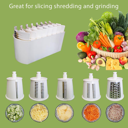 Rotary Cheese Grater | 5 Different Blades, Suction Cup Base, Vegetable Cutter Slicer Chopper, Food Grade Material