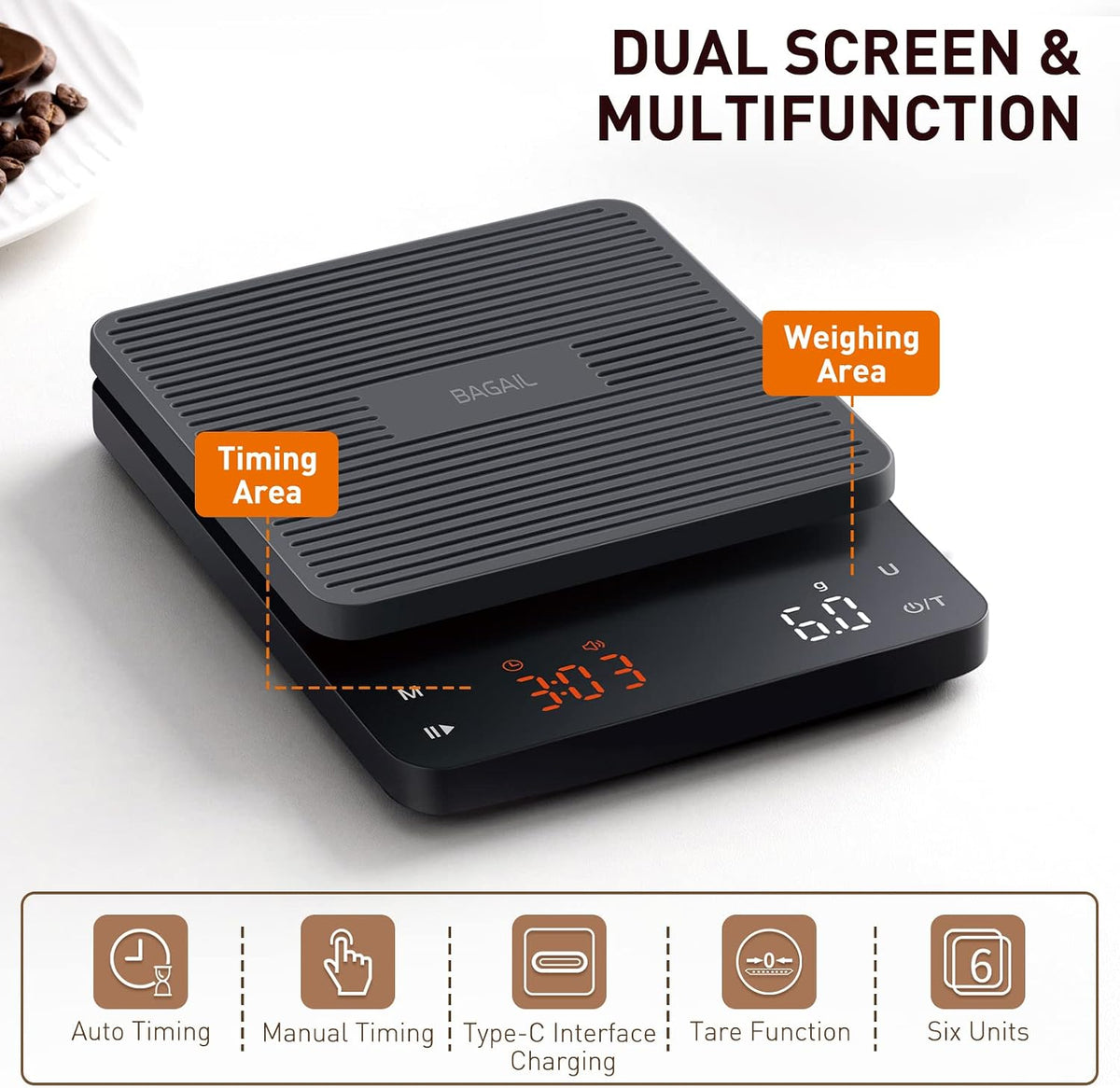 BAGAIL Coffee Scale with Timer, 0.1g/3kg Precision