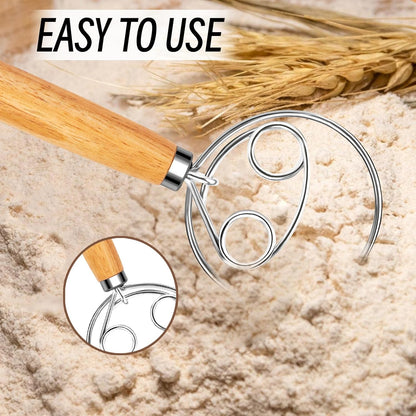 Danish Dough Whisk, Stainless Steel Wood Handle for Sourdough Bread