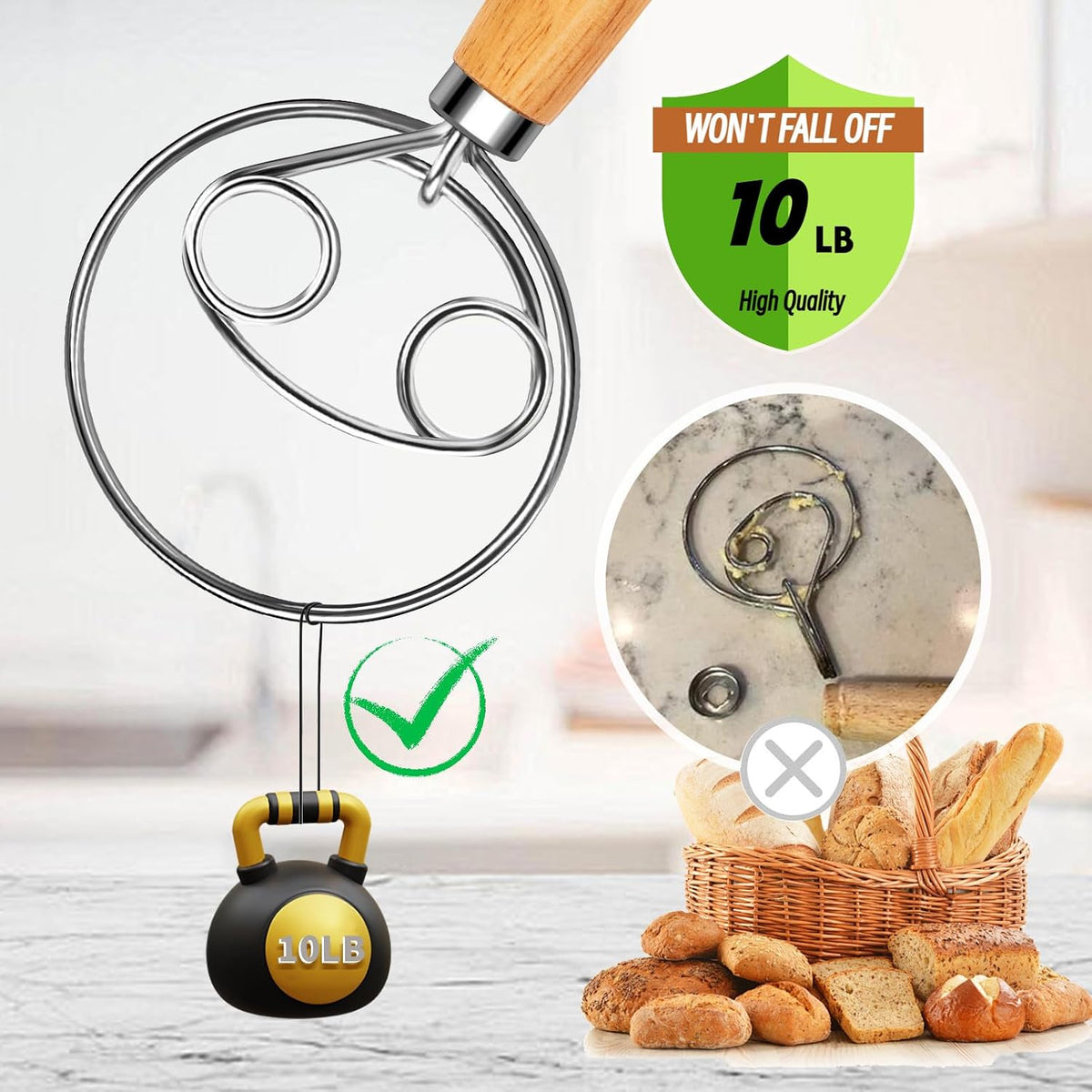 Danish Dough Whisk, Stainless Steel Wood Handle for Sourdough Bread