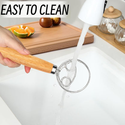 Danish Dough Whisk, Stainless Steel Wood Handle for Sourdough Bread