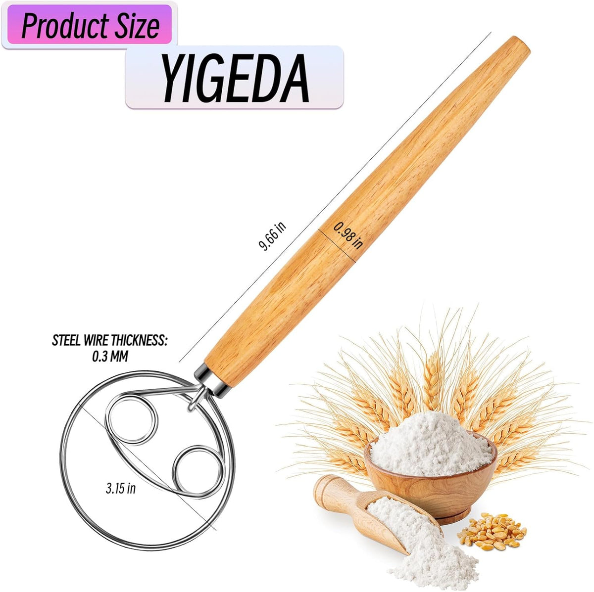 Danish Dough Whisk, Stainless Steel Wood Handle for Sourdough Bread