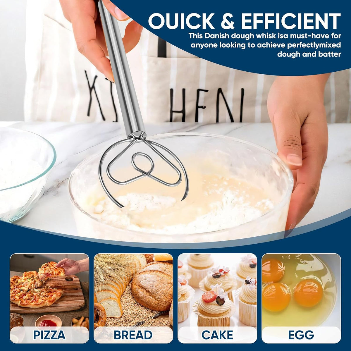 Danish Dough Whisk, Stainless Steel Wood Handle for Sourdough Bread