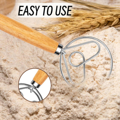 Danish Dough Whisk, Stainless Steel Wood Handle for Sourdough Bread