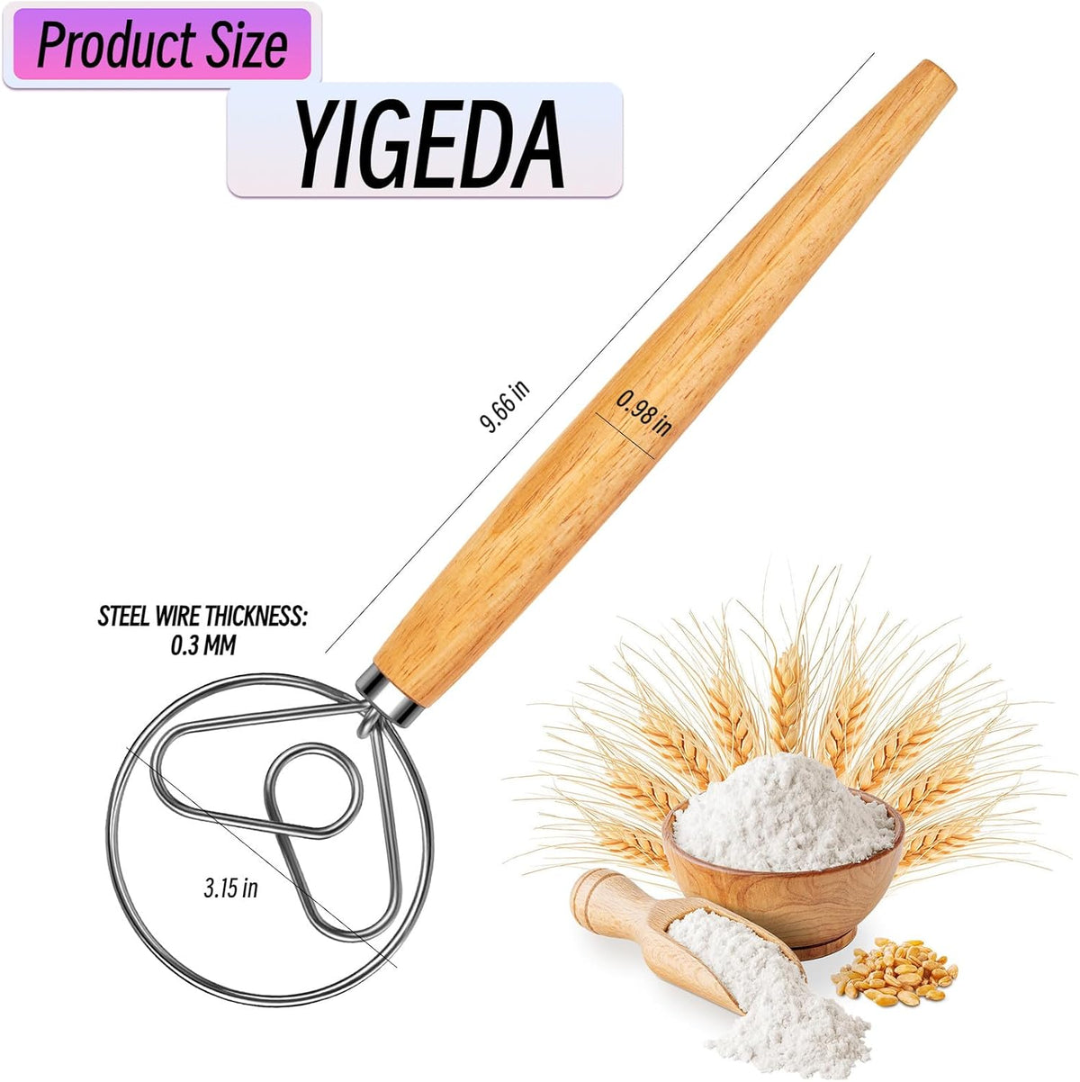 Danish Dough Whisk, Stainless Steel Wood Handle for Sourdough Bread