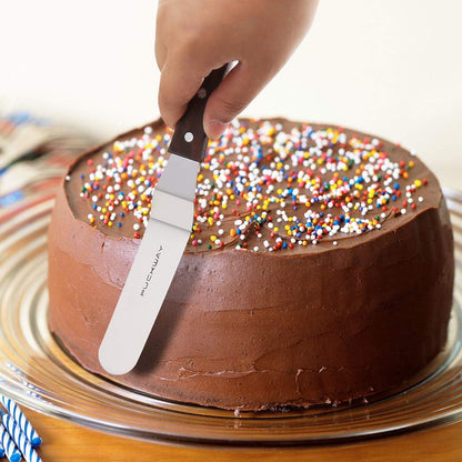 Offset Cake Icing Spatula Set of 3 Professional Stainless Steel Decorating Frosting Spatulas (4"-6"-8" Flexible Resistant Blade) Angled with Wooden Handle
