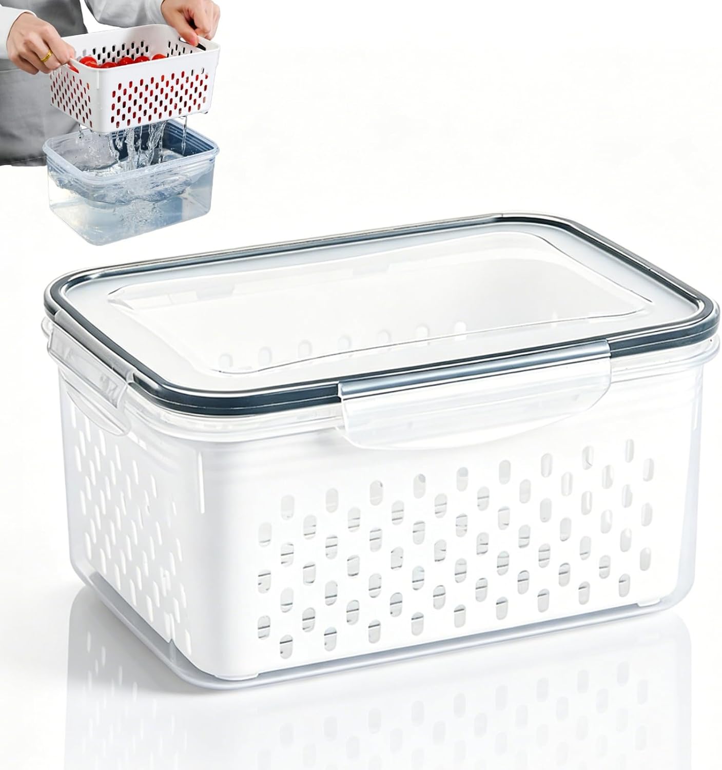 Drain Storage Basket, Fruit Storage Containers for Fridge with Removable Colander and Lid Produce Containers Keep Fruits Vegetables Meat Freshness (1750ML)