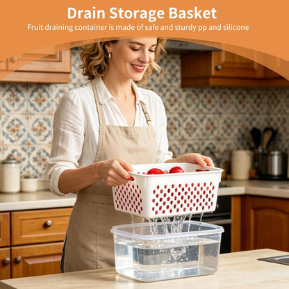 Drain Storage Basket, Fruit Storage Containers for Fridge with Removable Colander and Lid Produce Containers Keep Fruits Vegetables Meat Freshness (1750ML)