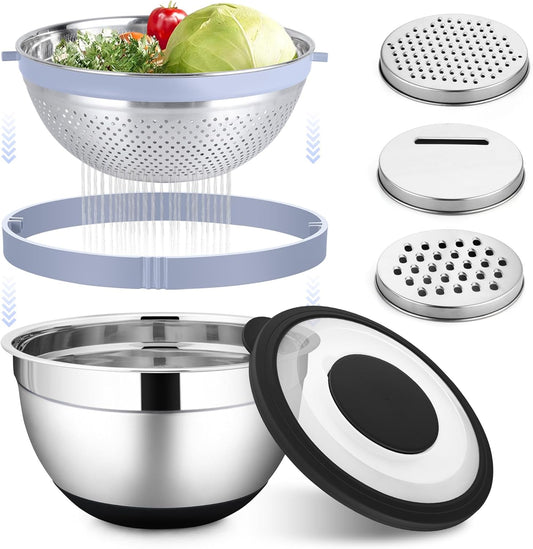 Mixing Bowl with Colander, 4-1 Bowl with Lids & 3Pcs Nesting Graters