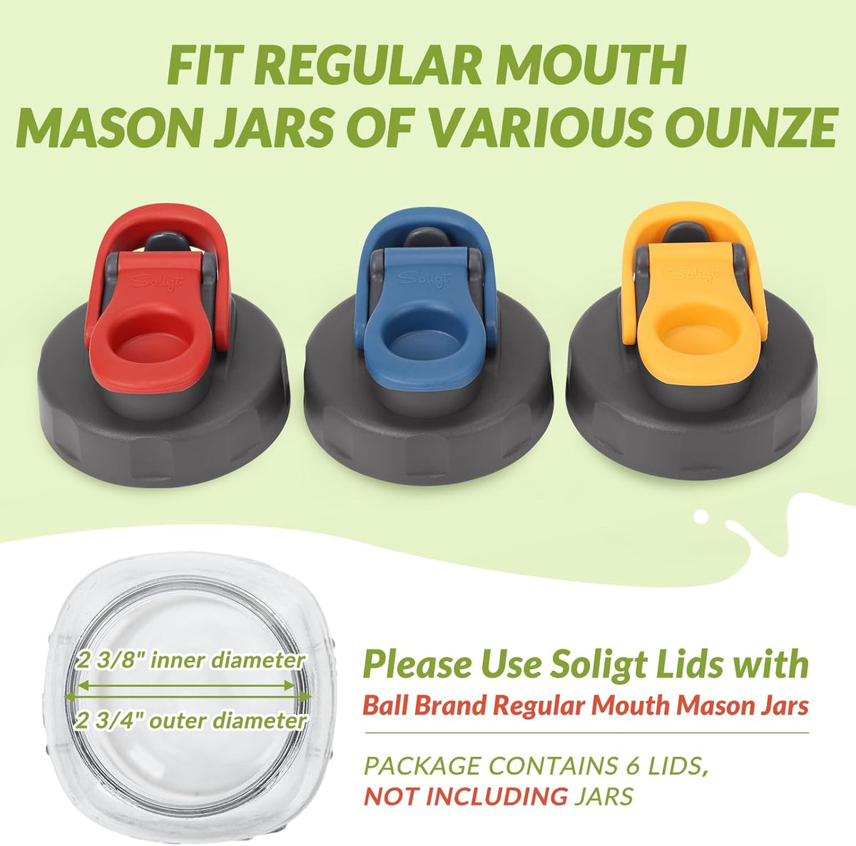 6 Pack Mason Jar Lids, Regular Mouth Pour Spout Flip Cap Lids for Ball Brand Mason Jars, Leak Proof Airtight for Drinking Salad Dressing & Food Storing (jars are not included)