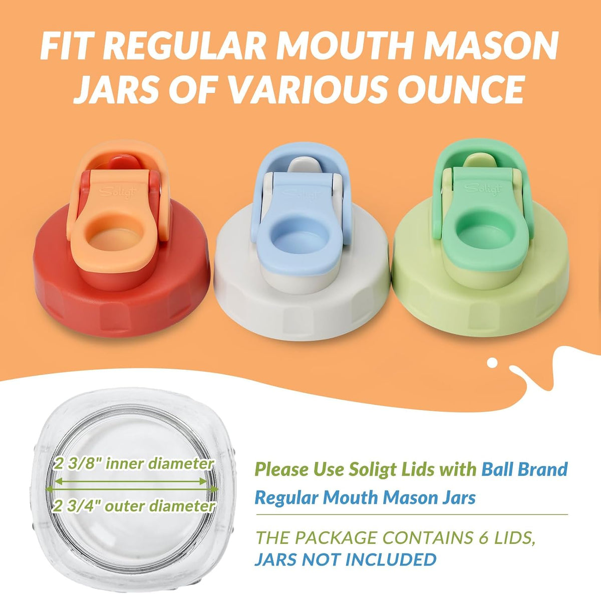 6 Pack Mason Jar Lids, Regular Mouth Pour Spout Flip Cap Lids for Ball Brand Mason Jars, Leak Proof Airtight for Drinking Salad Dressing & Food Storing (jars are not included)