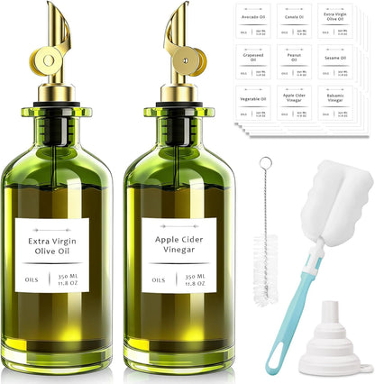 Olive Oil Dispenser Set of 2, Dark Green Glass Bottles, 12 oz | Gold Auto-Flip Spouts, Funnel, 2 Cleaning Brushes, and 45 Labels for Olive Oil, Vinegar, and Avocado Oil