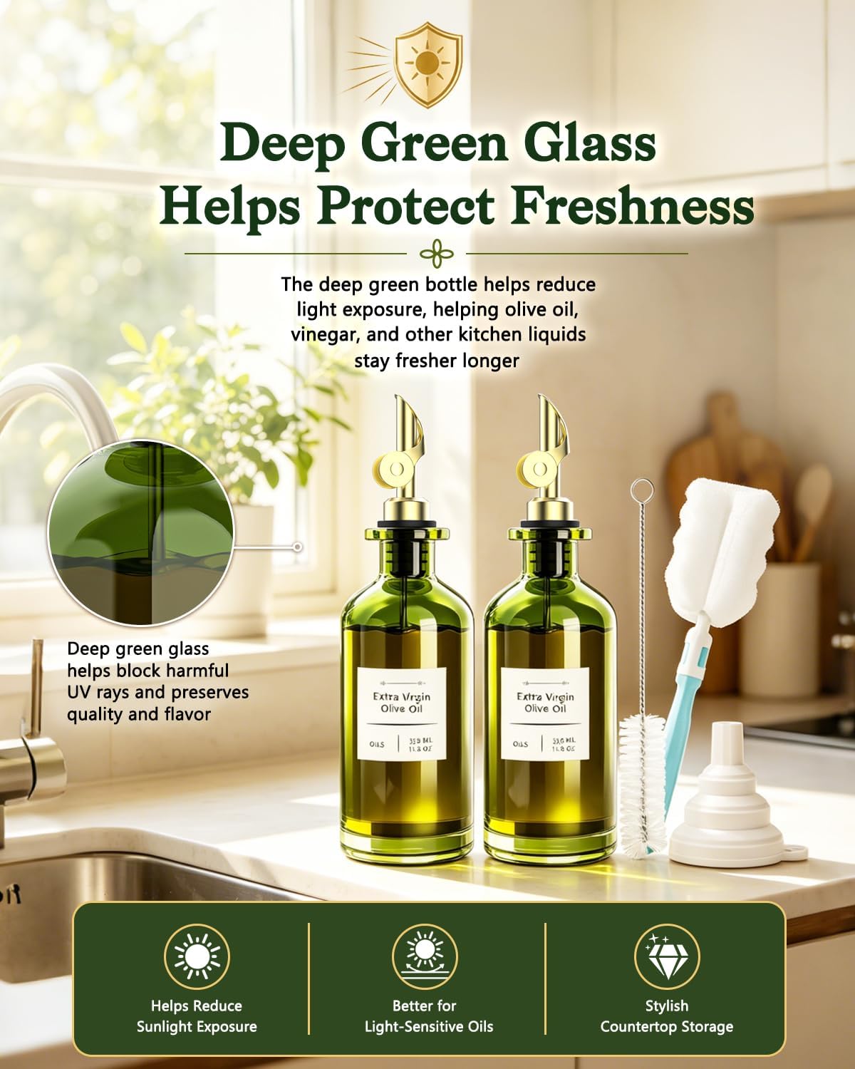 Olive Oil Dispenser Set of 2, Dark Green Glass Bottles, 12 oz | Gold Auto-Flip Spouts, Funnel, 2 Cleaning Brushes, and 45 Labels for Olive Oil, Vinegar, and Avocado Oil