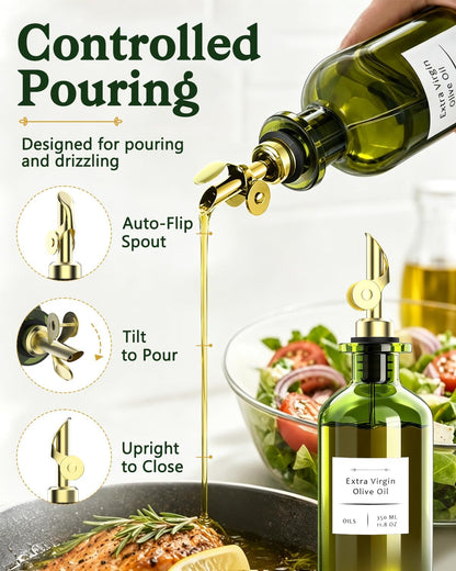 Olive Oil Dispenser Set of 2, Dark Green Glass Bottles, 12 oz | Gold Auto-Flip Spouts, Funnel, 2 Cleaning Brushes, and 45 Labels for Olive Oil, Vinegar, and Avocado Oil