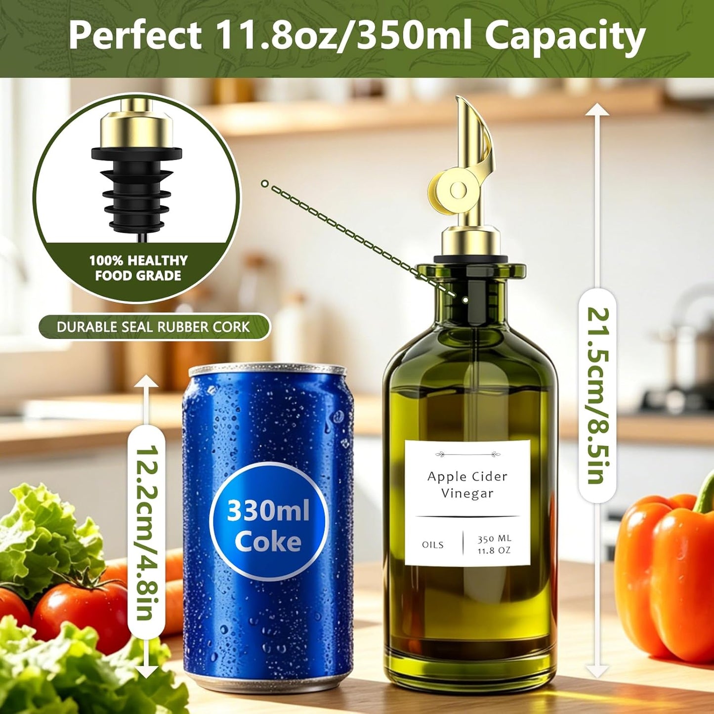 Olive Oil Dispenser Set of 2, Dark Green Glass Bottles, 12 oz | Gold Auto-Flip Spouts, Funnel, 2 Cleaning Brushes, and 45 Labels for Olive Oil, Vinegar, and Avocado Oil
